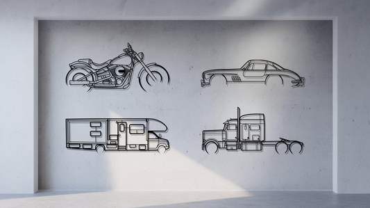Metal wall art collection – cars, motorcycles, trucks and camper garage decor